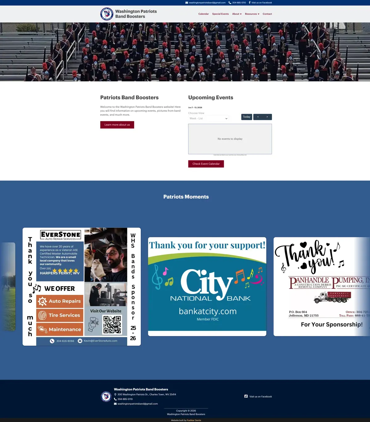 Home page of the Patriots Band Boosters website